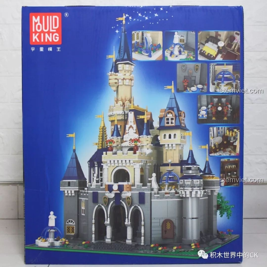 Mặt sau hộp đồ chơi xây dựng Lâu đài công chúa Mould King 13132 hiển thị các chi tiết nội thất và mặt sau của mô hình.