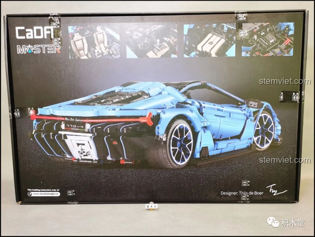 Mặt sau hộp đồ chơi xây dựng Mô hình Lamborghini Centenario 1:8, giới thiệu các chi tiết và tính năng nổi bật.