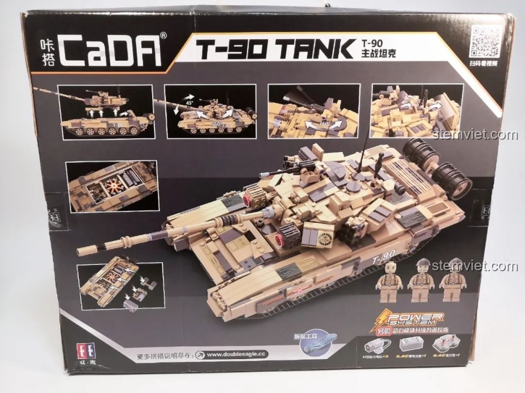 Mặt sau hộp CaDA T-90 Tank với các hình ảnh minh họa tính năng và mô hình.
