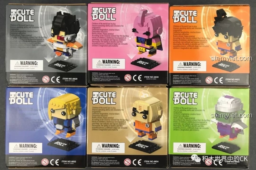 Mặt sau của 6 hộp đồ chơi lắp ghép Decool Dragon Ball Z, hiển thị thông tin sản phẩm và các chứng nhận an toàn.