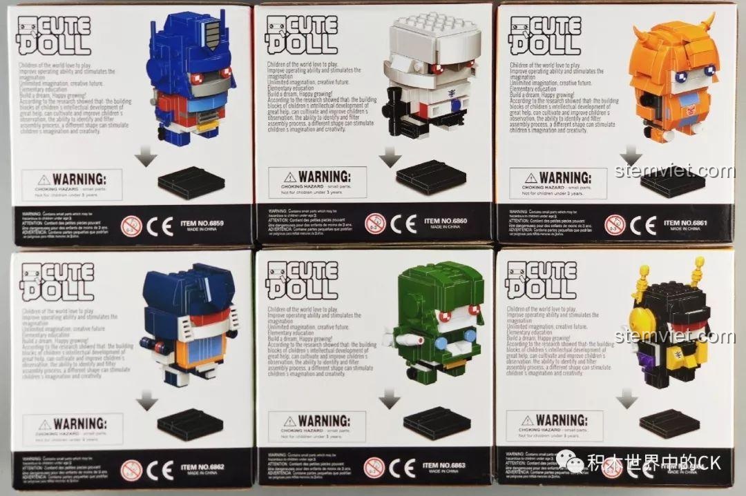 Mặt sau của các hộp đồ chơi lắp ráp JiSi Cute Doll Transformers với thông tin chi tiết và cảnh báo an toàn cho trẻ em.