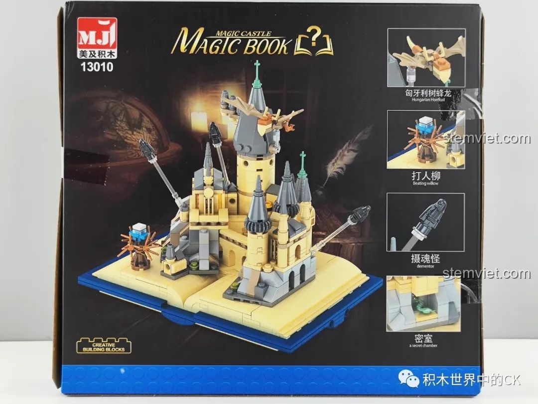 Mặt sau hộp đồ chơi mô hình Thế giới phép thuật Harry Potter Meiji 13010, mô tả các chi tiết và tính năng nổi bật.