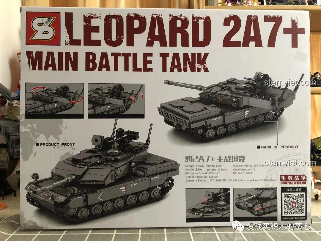 Mặt sau hộp bộ lắp ráp Jiazhi 0104 Xe Tăng Leopard 2A7+ với các góc nhìn khác nhau của mô hình và tính năng nổi bật.
