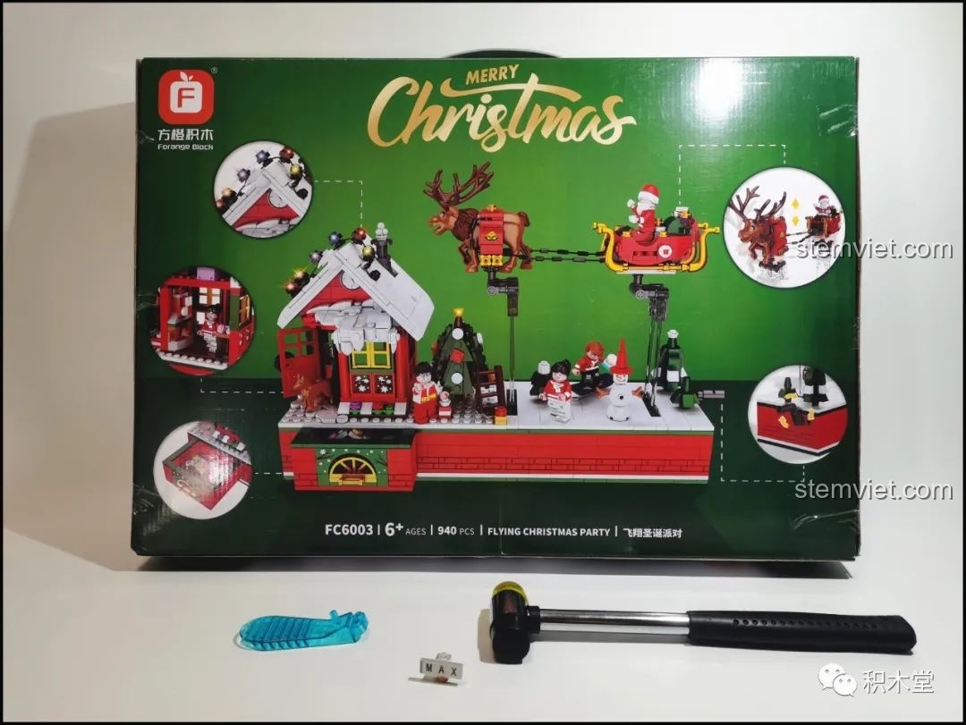Mặt sau hộp bộ lắp ráp Forange FC6003 Cảnh Giáng Sinh, giới thiệu các tính năng và góc nhìn khác của mô hình.