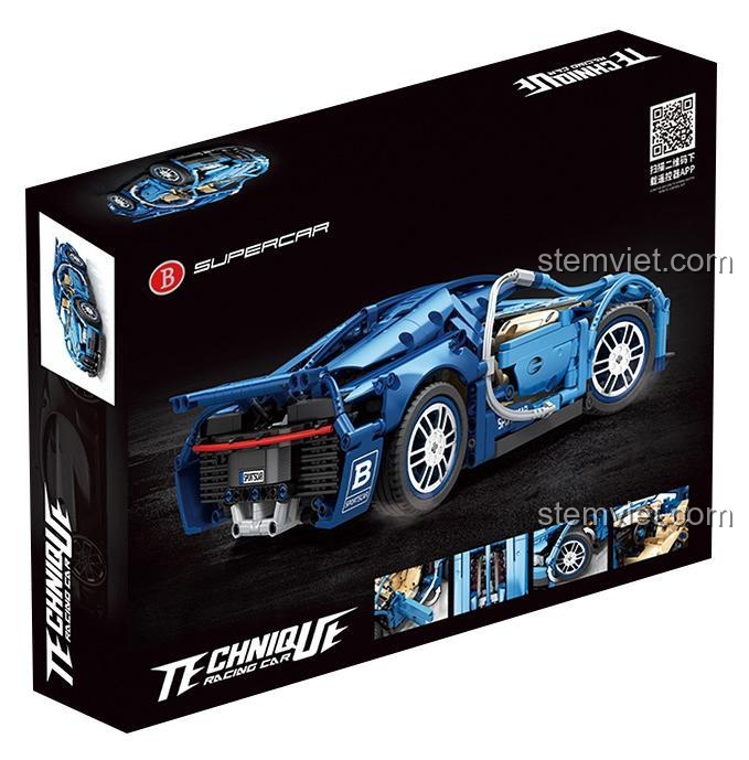 Mặt sau hộp bộ lắp ghép Bugatti Chiron JIQILE 49002, hiển thị các tính năng điều khiển từ xa và hình ảnh chi tiết của siêu xe