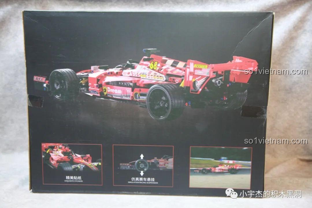Mặt sau của hộp K-Box 10295 Xe đua F1 màu đỏ, mô tả chi tiết các bộ phận và thiết kế khí động học.