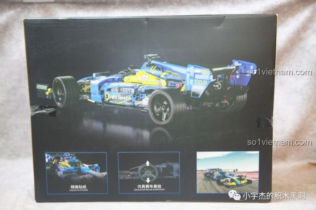 Mặt sau của hộp K-Box 10296 Xe đua F1 màu xanh, giới thiệu các tính năng như hệ thống treo mô phỏng.