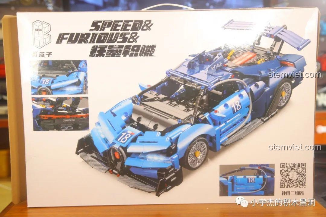 Mặt sau hộp KBOX 10213 hiển thị các góc cạnh và tính năng chi tiết của Concept car Bugatti Vision Gran Turismo.