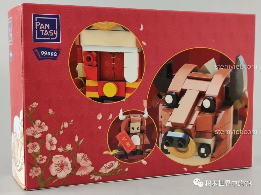 Mặt sau hộp bộ lắp ráp chú bò Pantasy 99002, hiển thị các chi tiết và phụ kiện đi kèm.