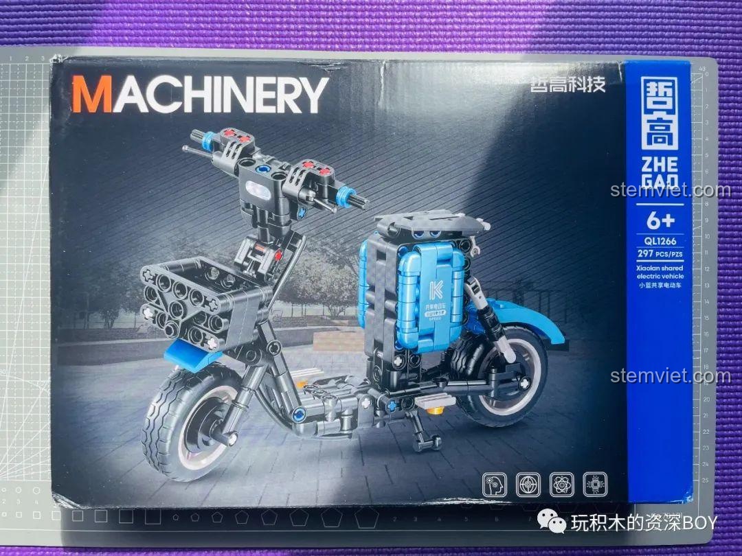 Mặt sau hộp bộ lắp ráp xe điện ZHEGAO QL1266, giới thiệu các tính năng chuyển động của mô hình.