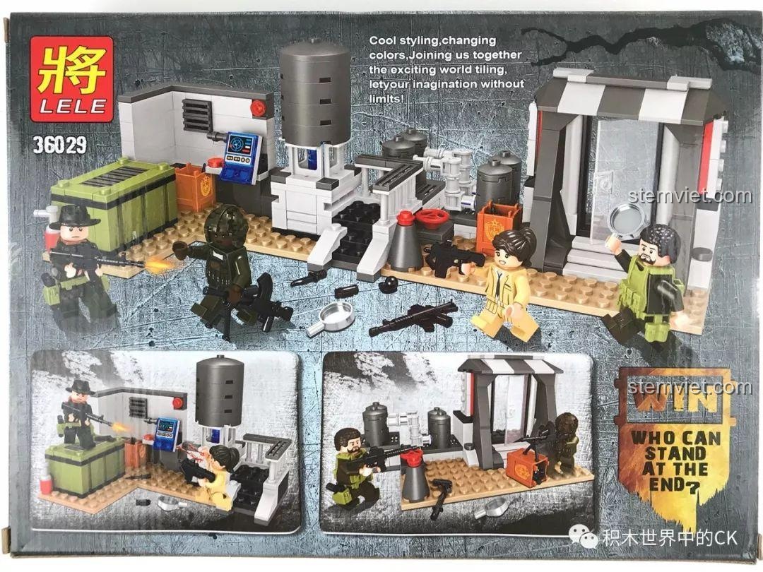 Mặt sau hộp bộ lắp ráp LELE 36029 Căn Cứ PUBG, minh họa cách hai sa bàn nhỏ kết hợp thành một căn cứ lớn.