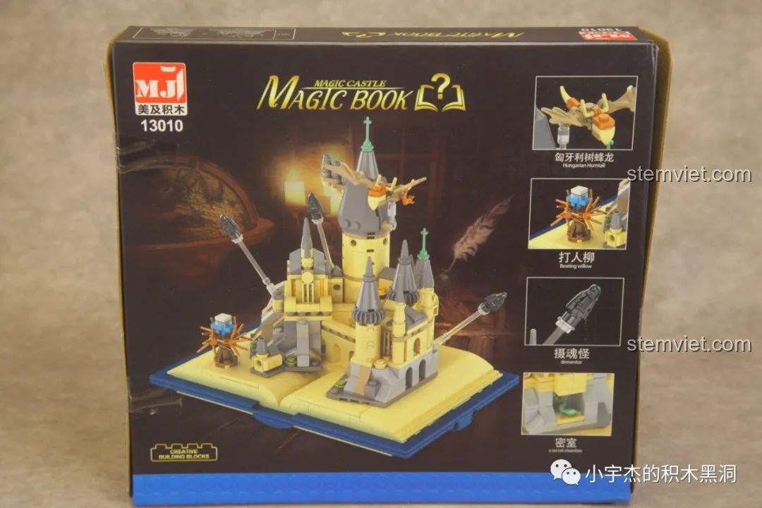 Mặt sau hộp bộ đồ chơi Trường Phù thủy và Pháp sư Hogwarts Meiji 13010 hiển thị các chi tiết nhỏ.