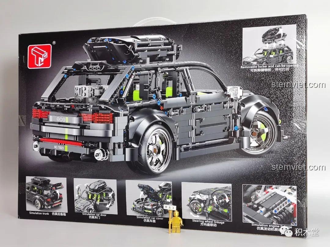 Mặt sau hộp bộ đồ chơi Quái vật đường phố Audi RS6 Avant TGL, mô tả các chức năng có thể cử động của mô hình.