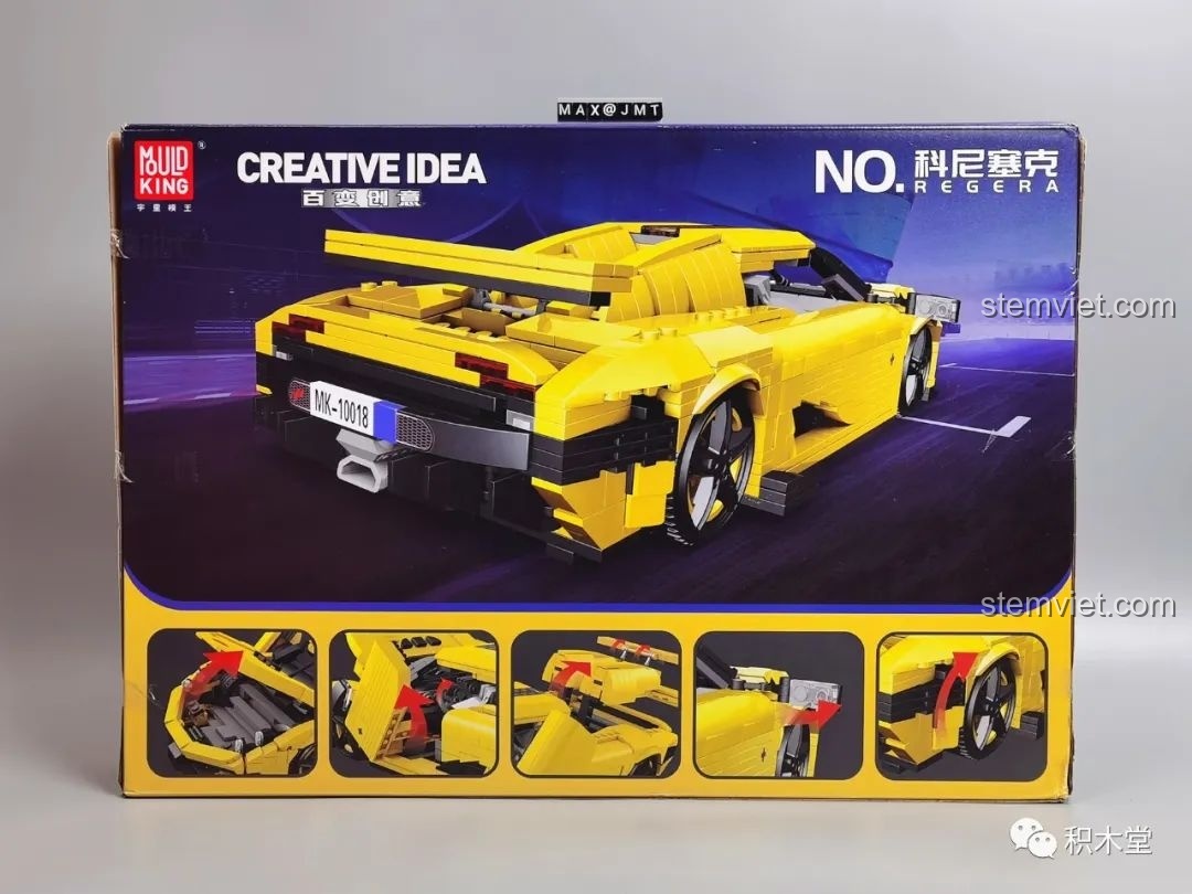 Mặt sau hộp đựng mô hình Lego Koenigsegg Regera màu vàng.