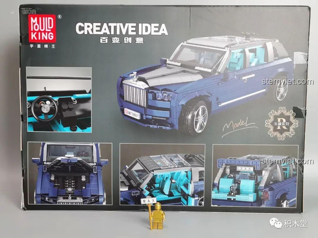 Mặt sau hộp bộ lắp ráp Mould King 10017 Rolls-Royce Cullinan, hiển thị các chi tiết nội thất và động cơ.