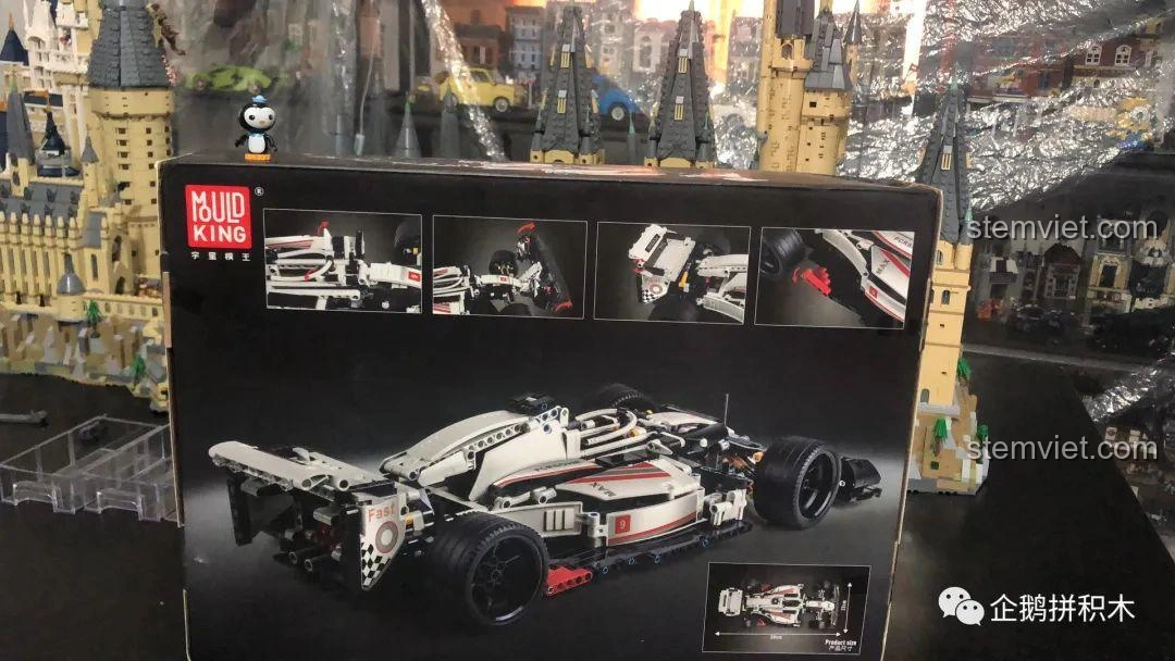 Mặt sau hộp bộ lắp ráp Mould King 13117 F1 Xe Đua, giới thiệu các tính năng và chi tiết của mô hình.