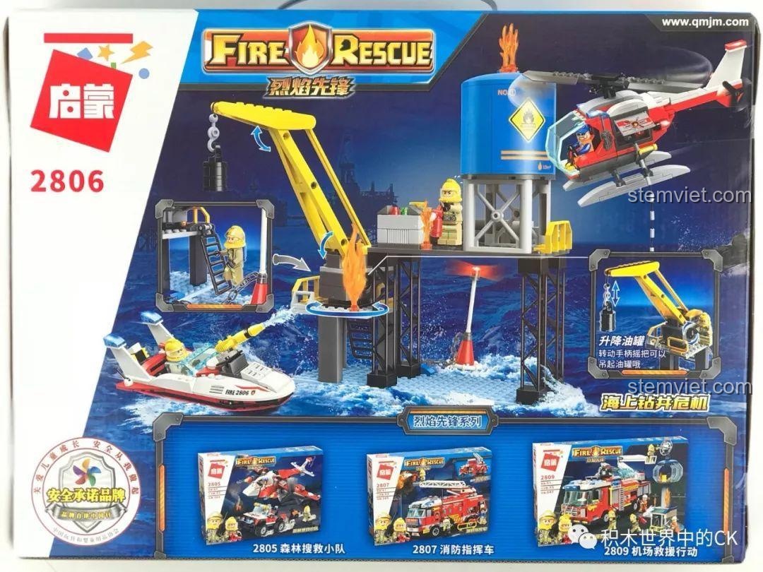 Mặt sau hộp bộ lắp ráp QMAN 2806 Tàu cao tốc cứu hỏa, mô tả các chức năng và các bộ khác trong cùng series.