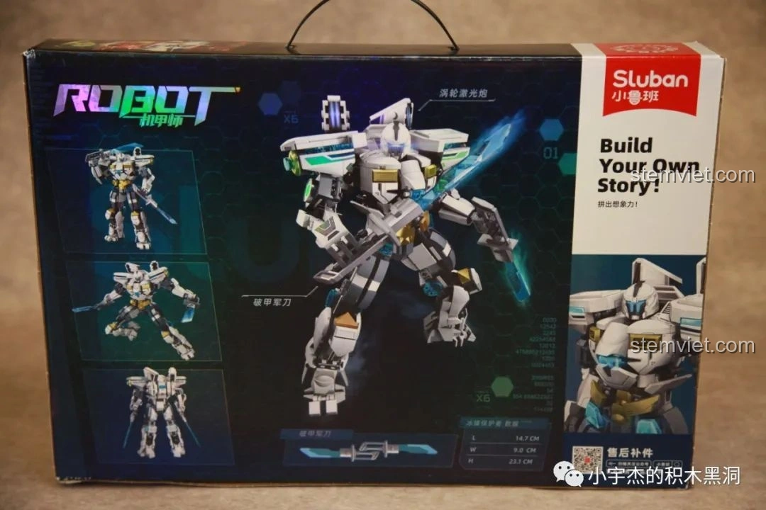 Mặt sau hộp đồ chơi Sluban M38-B1151 Robot Băng Phong Bảo Vệ, hiển thị các tư thế robot và thông số kích thước.