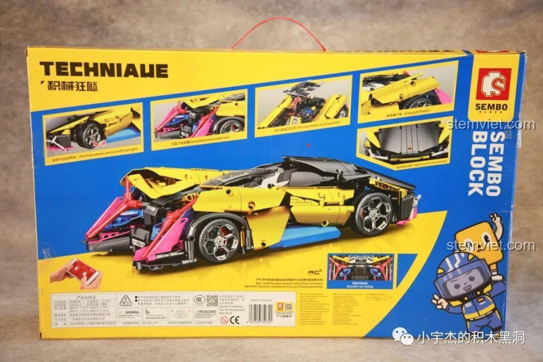 Mặt sau hộp SEMBO 701924 hiển thị các chức năng và chi tiết đặc biệt của xe đua tương lai.