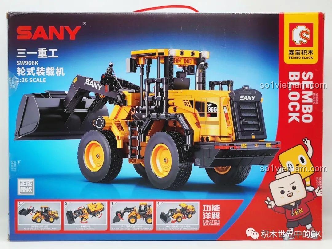 Mặt sau hộp đồ chơi Sembo 712016 thể hiện các chức năng chính của xe xúc lật như nâng hạ gầu xúc và khớp nối thân xe.