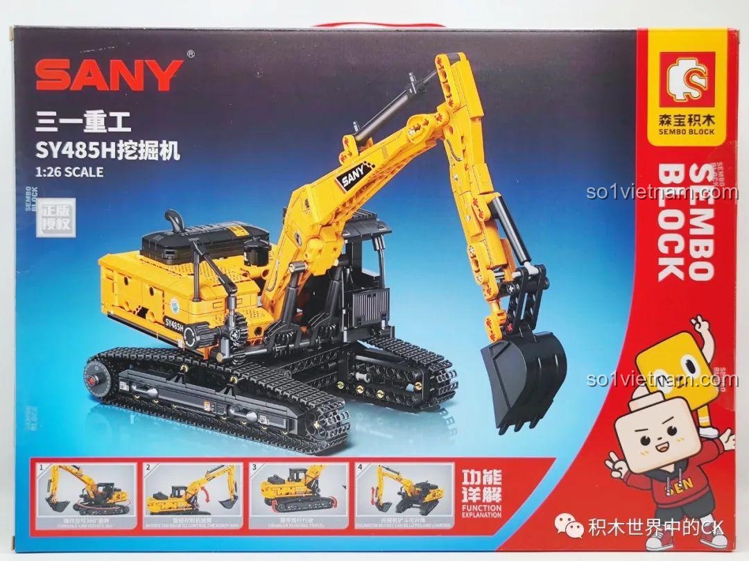 Mặt sau hộp đồ chơi Sembo 712017 Xe cuốc SANY hiển thị các chức năng và chuyển động của mô hình sau khi lắp ráp.