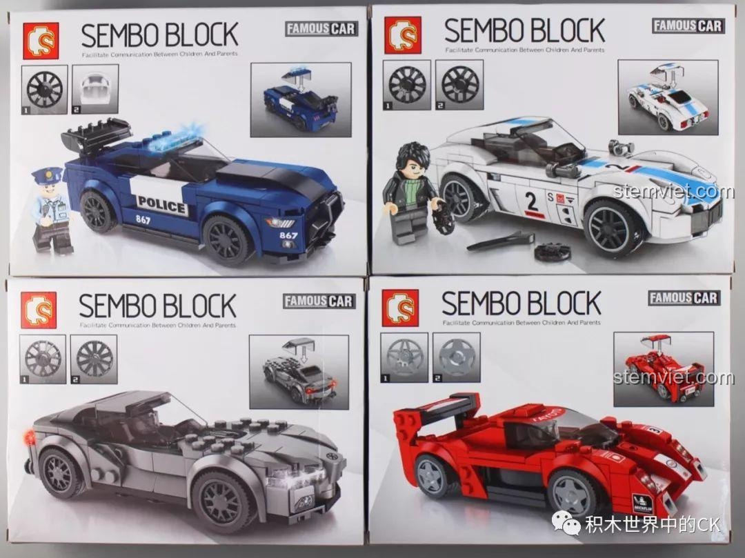 Mặt sau hộp của bộ sưu tập xe đua Sembo Famous Car, hiển thị chi tiết các mẫu xe lắp ráp cho bé trai.
