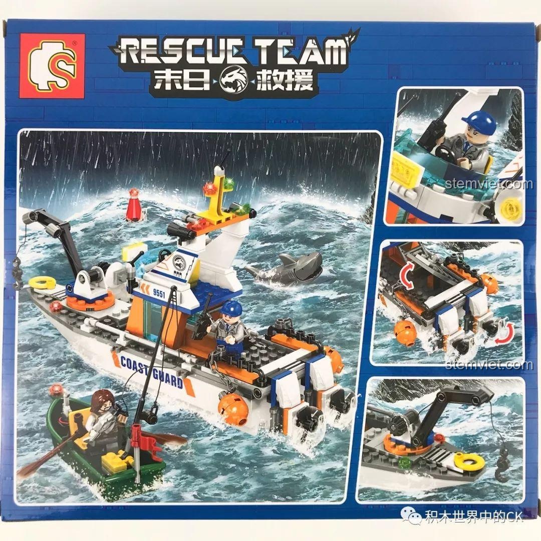 Mặt sau hộp bộ xếp hình Nhiệm vụ giải cứu trên biển SD9551 hiển thị các chi tiết và chức năng của tàu cứu hộ.