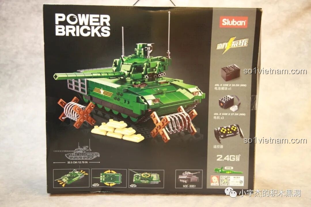 Mặt sau hộp Sluban M38-B0850 giới thiệu các tính năng điều khiển từ xa và kích thước của mô hình xe tăng T-14 Armata.