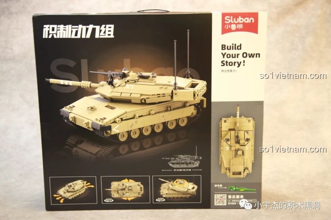 Mặt sau hộp đồ chơi Sluban M38-B1022 giới thiệu các tính năng xoay tháp pháo và kích thước của mô hình xe tăng.