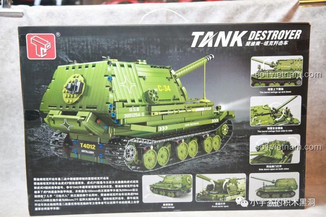 Mặt sau hộp Taigao Le T4012 Xe Tăng Ferdinand hiển thị nhiều hình ảnh minh họa các chi tiết có thể cử động, tăng tính tương tác.