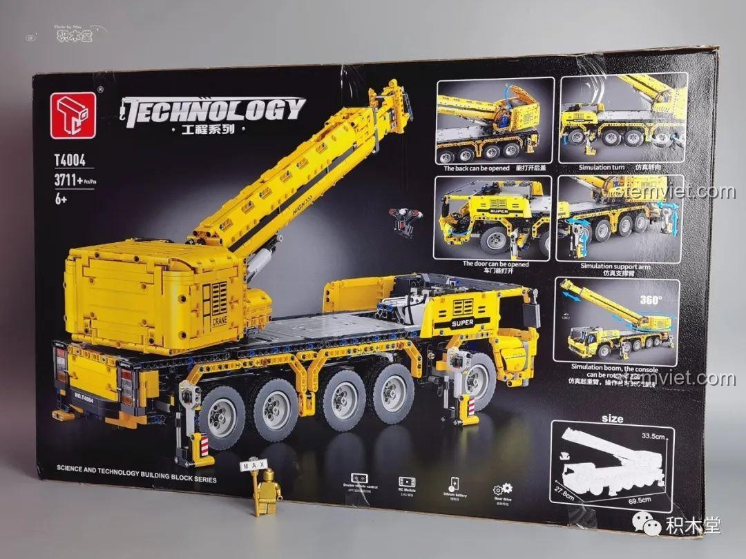 Mặt sau hộp Taigaole T4004 Xe Cẩu Bánh Lốp, minh họa các tính năng xoay 360 độ, cửa mở và kích thước mô hình.