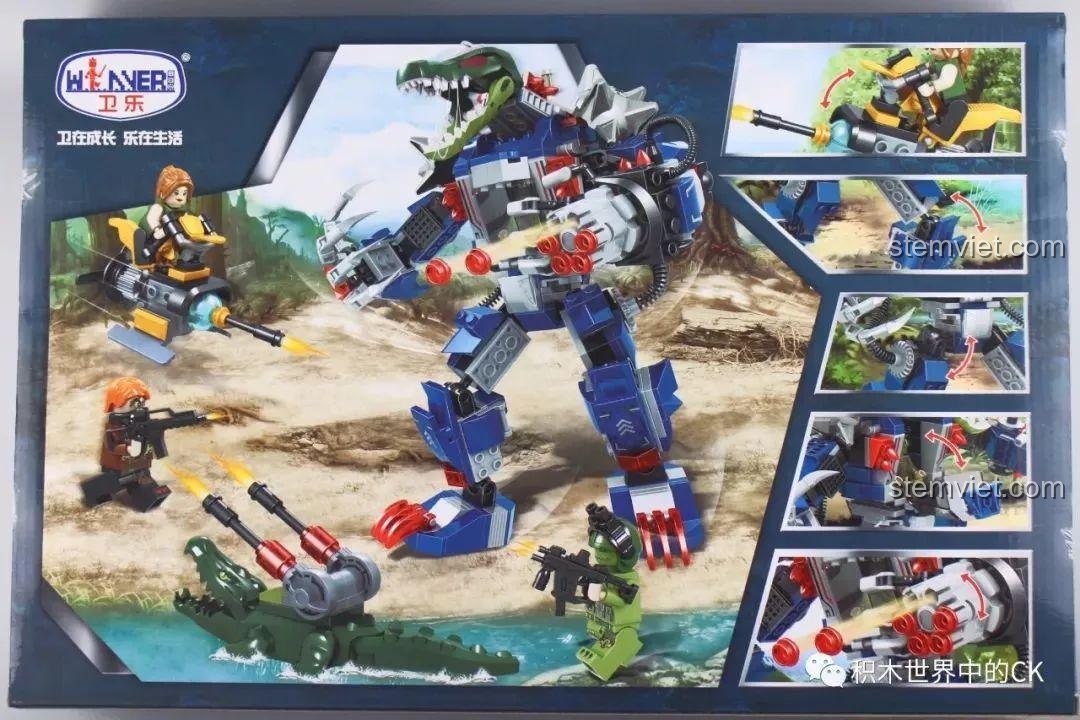 Mặt sau hộp bộ xếp hình Robot Cá Sấu Cuồng Nộ 5061 thể hiện các chi tiết và cử động của mô hình.