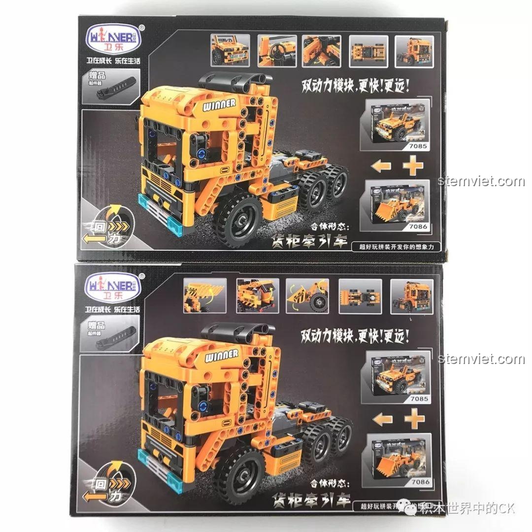 Mặt sau hộp bộ xếp hình Winner 7085 và 7086 hiển thị mô hình xe đầu kéo 2 trong 1 sau khi kết hợp.