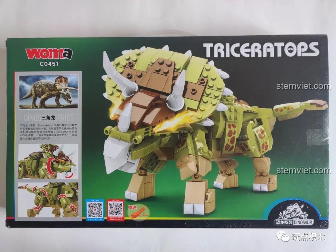 Mặt sau hộp đồ chơi lắp ráp WOMA C0451 thể hiện các khớp nối linh hoạt và kích thước của mô hình khủng long ăn cỏ.