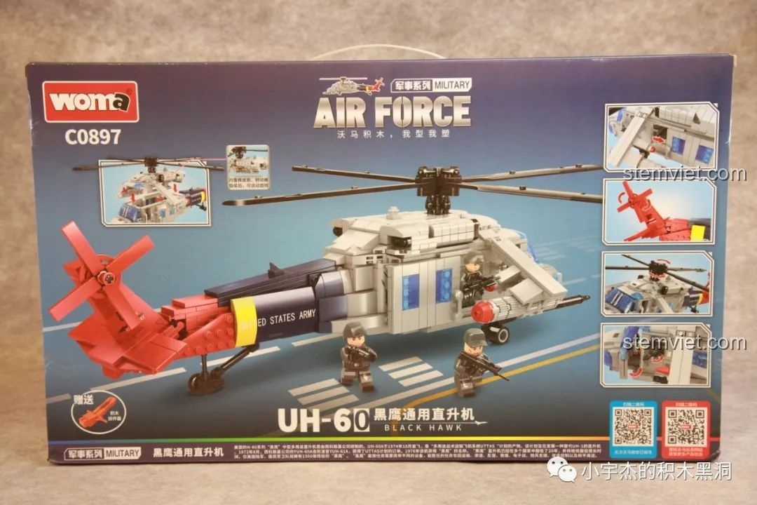 Mặt sau hộp WOMA C0897 mô tả các tính năng nổi bật của mô hình trực thăng UH-60 Black Hawk cho bé trai.