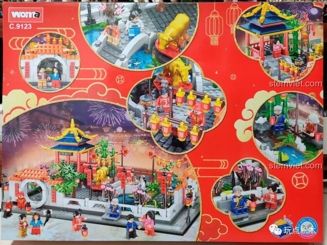 Mặt sau hộp bộ xếp hình WOMA C9123 hiển thị các góc cận cảnh của mô hình vườn cổ trang sau khi lắp ráp.