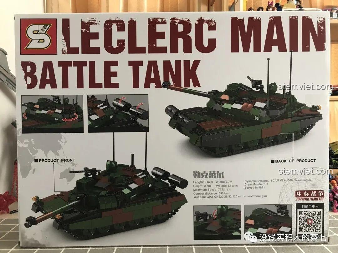 Mặt sau hộp bộ lắp ráp JiaZhi Tank 0102 Xe Tăng Chiến Đấu Leclerc, thể hiện các góc nhìn khác của mô hình.