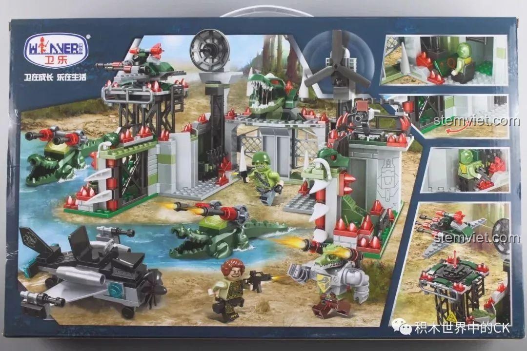Mặt sau hộp bộ xếp hình Căn Cứ Chỉ Huy Chính Của Biệt Đội Cá Sấu cho bé trai 6+ hiển thị các chức năng của mô hình.