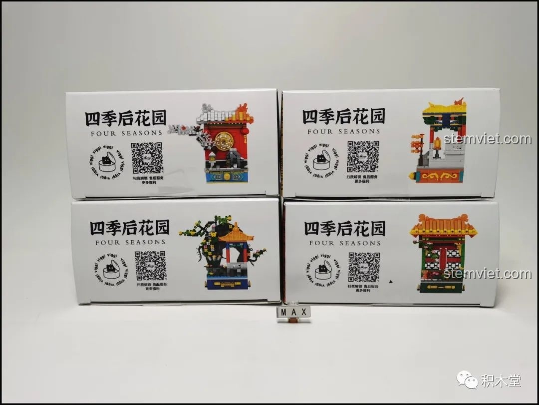 Mặt trên hộp bộ lắp ghép Wekki 506002 Vườn Thượng Uyển Bốn Mùa: Cảnh Xuân - Quan Gia Lập Kỳ với mã QR