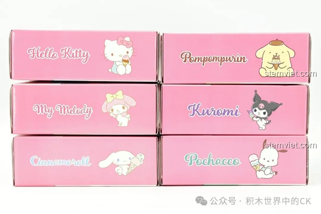 Mặt trên của 6 hộp đồ chơi xếp hình Keeppley Sanrio, mỗi hộp có tên và hình minh họa nhân vật tương ứng.