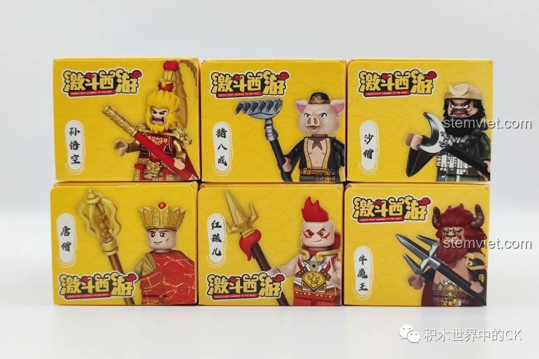 Cận cảnh mặt trước của 6 hộp minifigure Decool Kích Đấu Tây Du, thể hiện rõ hình ảnh và tên từng nhân vật.