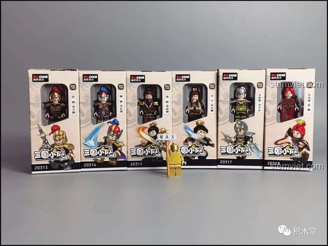 Mặt trước của 6 hộp minifigure trong bộ DECOOL 2030C, trưng bày hình ảnh các nhân vật Tam Quốc Diễn Nghĩa.