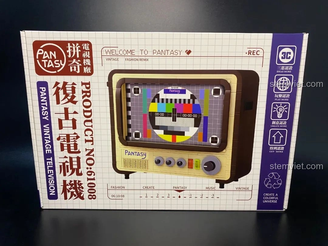 Mặt trước hộp đồ chơi lắp ráp Pantasy 61008 Tivi Cổ Điển, hiển thị hình ảnh sản phẩm hoàn chỉnh.