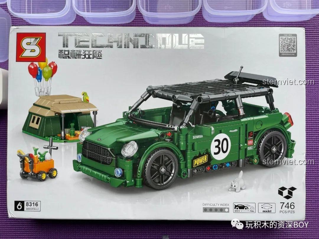 Mặt trước hộp đồ chơi mô hình Xe Đua Mini Cắm Trại 8316, hiển thị xe, lều trại và số chi tiết 746.