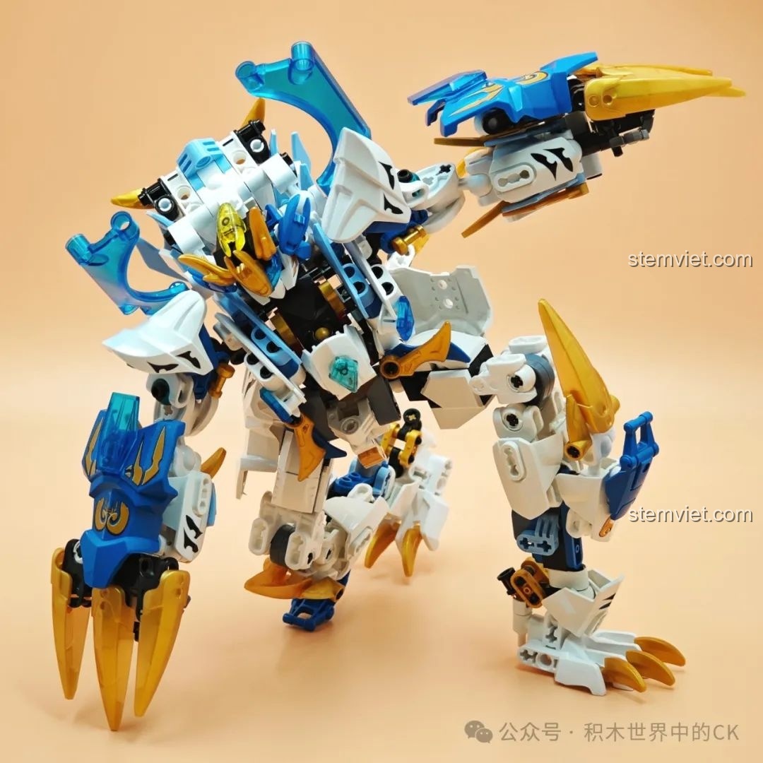 Mecha Bạch Hổ trong tư thế quỳ một chân, thể hiện sự linh hoạt và ổn định của mô hình.