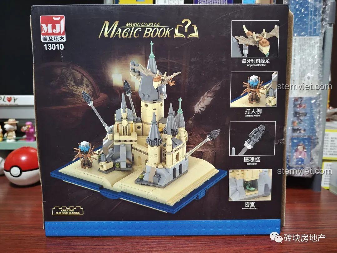 Mặt sau hộp đồ chơi lắp ghép Meiji 13010, giới thiệu các chi tiết như Rồng Đuôi Gai Hungary, Cây Liễu Roi, Giám ngục và Phòng chứa bí mật.