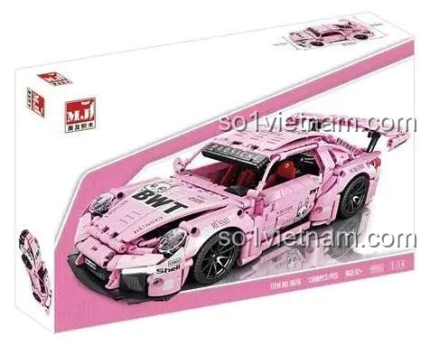 Hộp sản phẩm mô hình xe Porsche 911 màu hồng, tỉ lệ 1:14, 1388 chi tiết, có thể điều khiển từ xa, phù hợp cho bé 12 tuổi trở lên