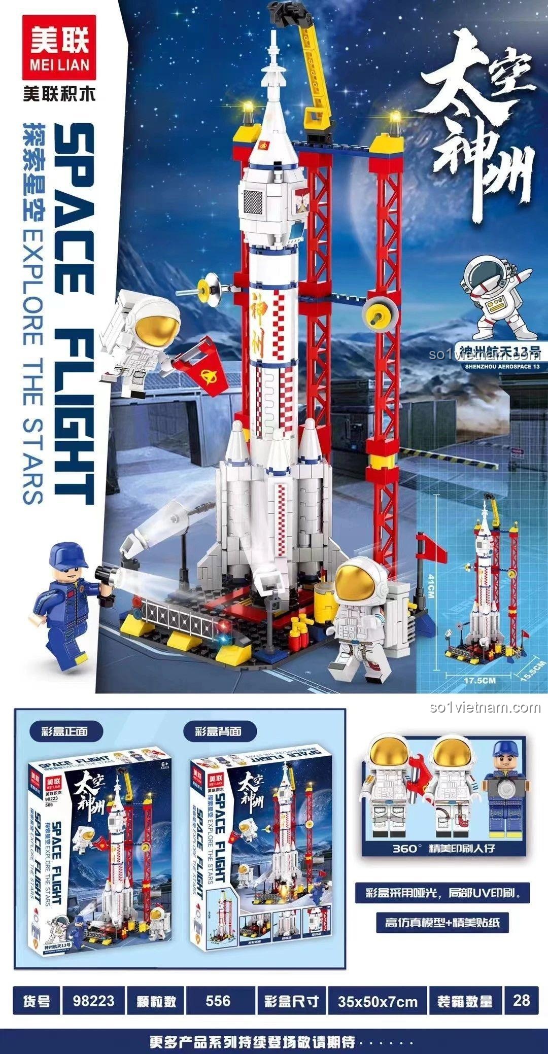 Mô hình Tên lửa Thần Châu 13 MEILIAN 98223 đã lắp ráp, đồ chơi xếp hình không gian với 2 phi hành gia, thể hiện kích thước 41cm