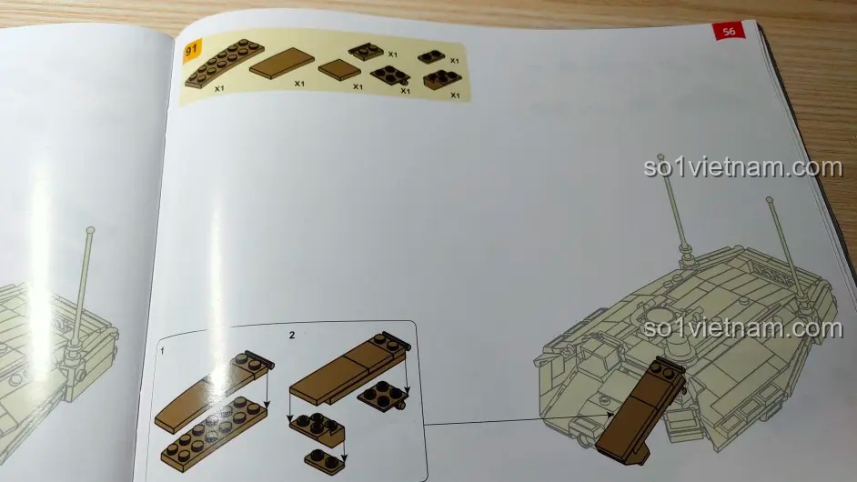 Hướng dẫn lắp ráp bước 91 của bộ Sluban M38-B1022. Nên thực hiện bước 92 trước để tránh bị cản trở.