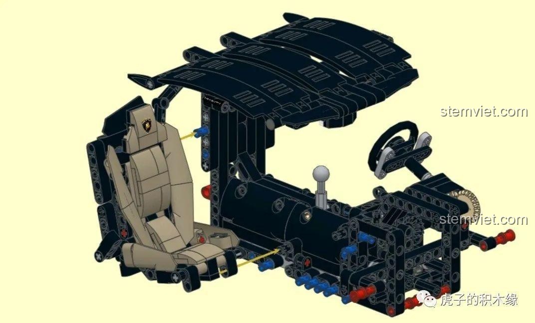Mô hình 3D khoang lái của bộ lắp ráp Siêu xe Lamborghini Centenario, thể hiện chi tiết vô lăng, ghế và cần số.